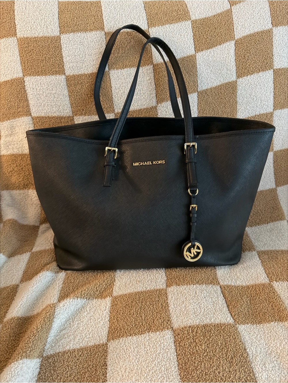 Michael Kors Black Saffiano Leather Tote with Gold Hardware